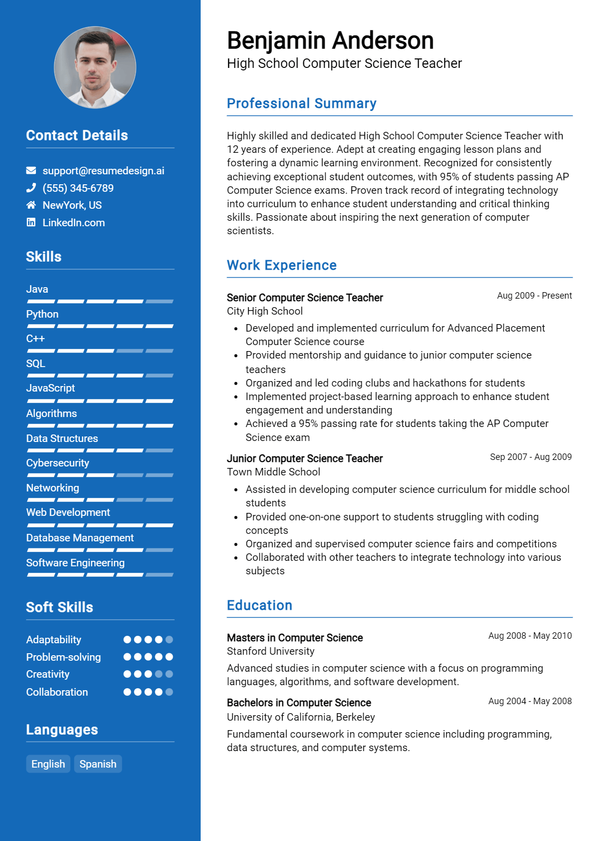 High School Computer Science Teacher Resume Example