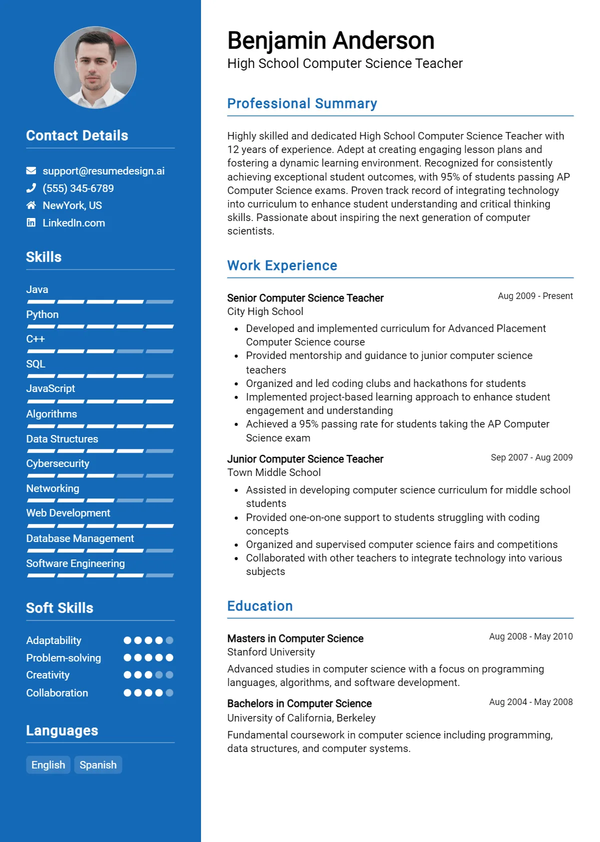 High School Computer Science Teacher Resume Example