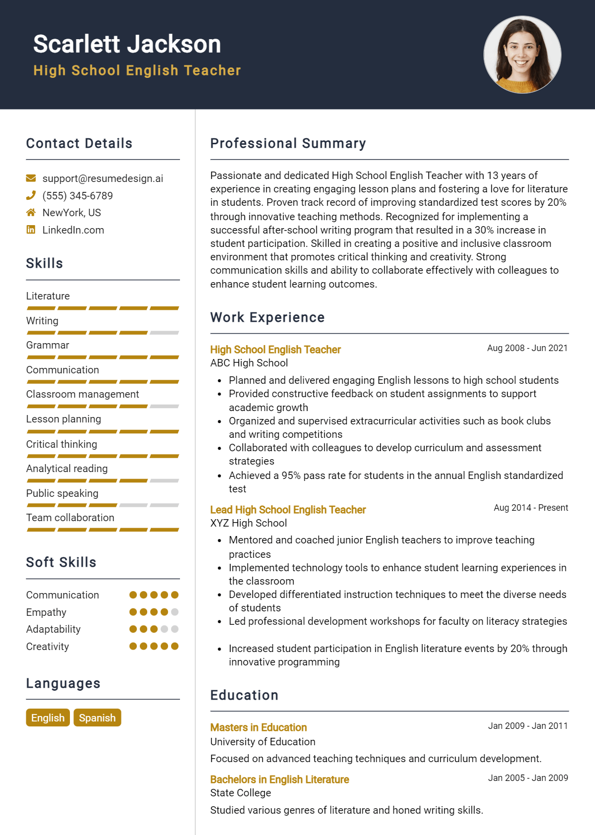 High School English Teacher Resume Example