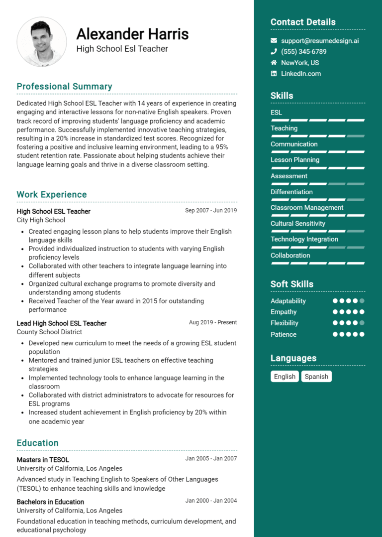 18 High School ESL Teacher Resume Examples And Templates for 2025