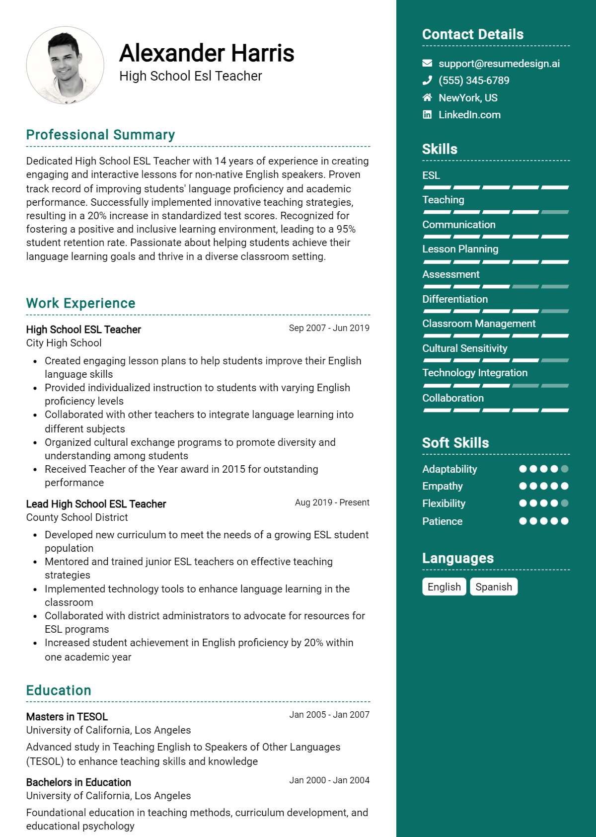 High School Esl Teacher Resume Example