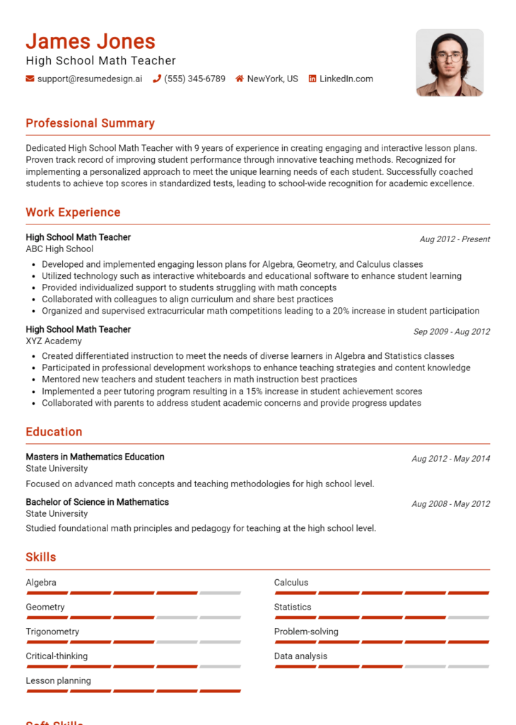 High School Math Teacher Resume Example