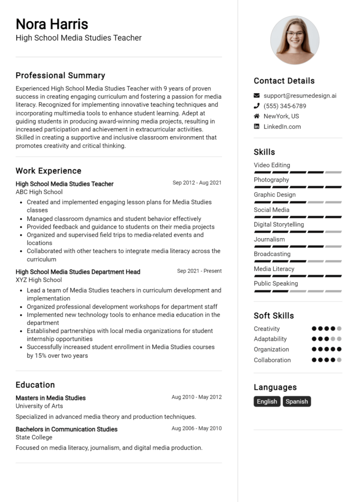 High School Media Studies Teacher Resume Example