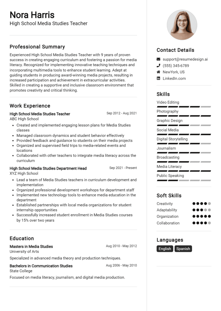 18 High School Media Studies Teacher Resume Examples And Templates for 2025