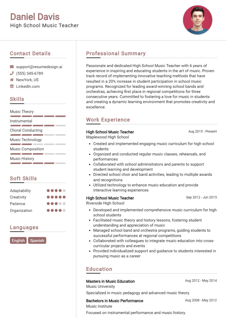 High School Music Teacher Resume Example