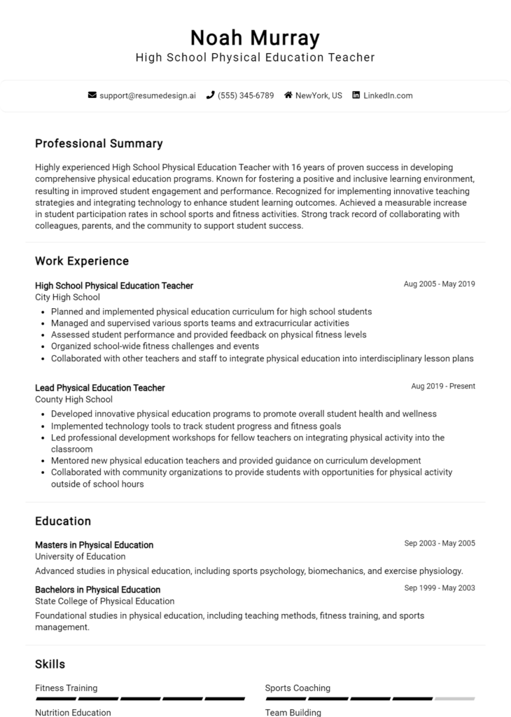 High School Physical Education Teacher Resume Example