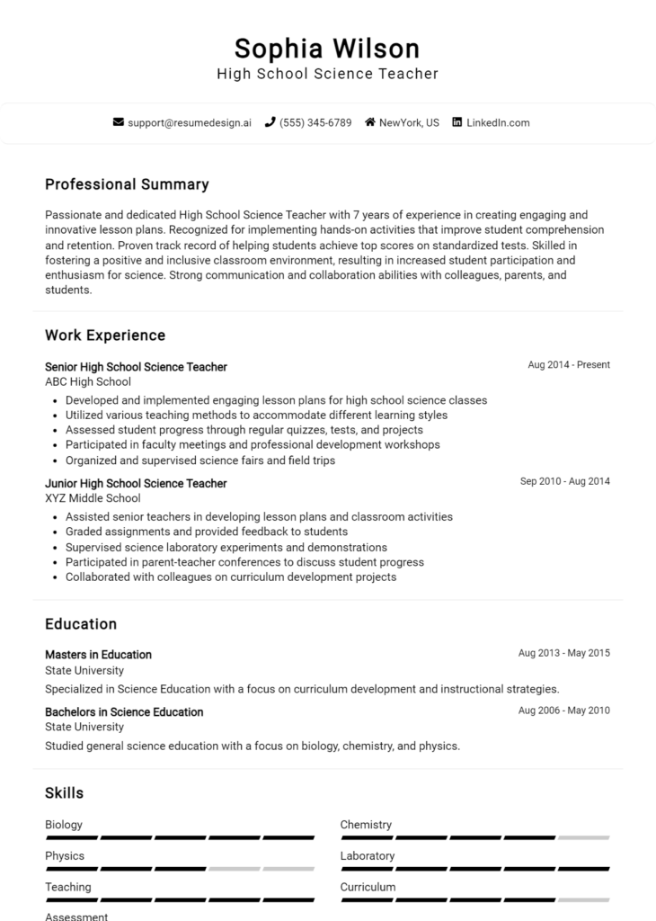 High School Science Teacher Resume Example