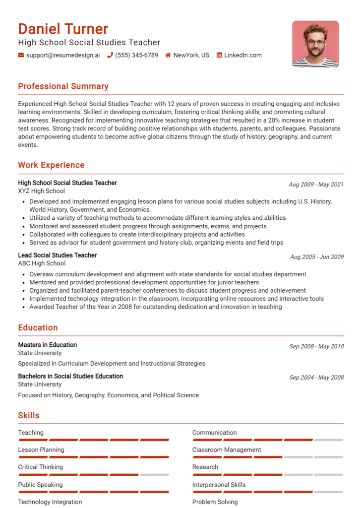 High School Social Studies Teacher Resume Example