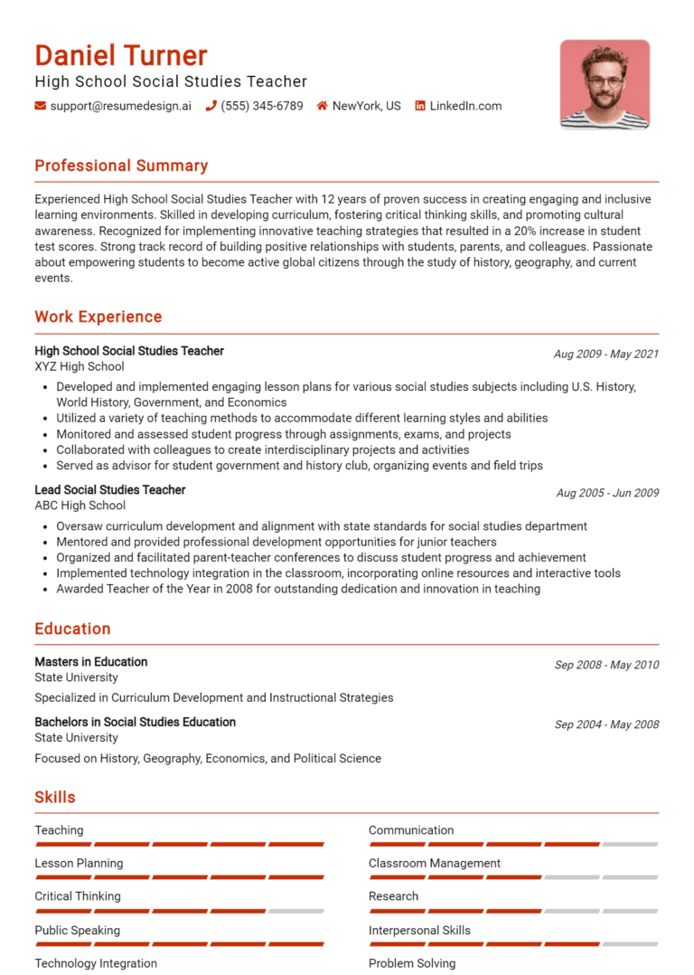 18 High School Social Studies Teacher Resume Examples And Templates for 2025 [Guide]