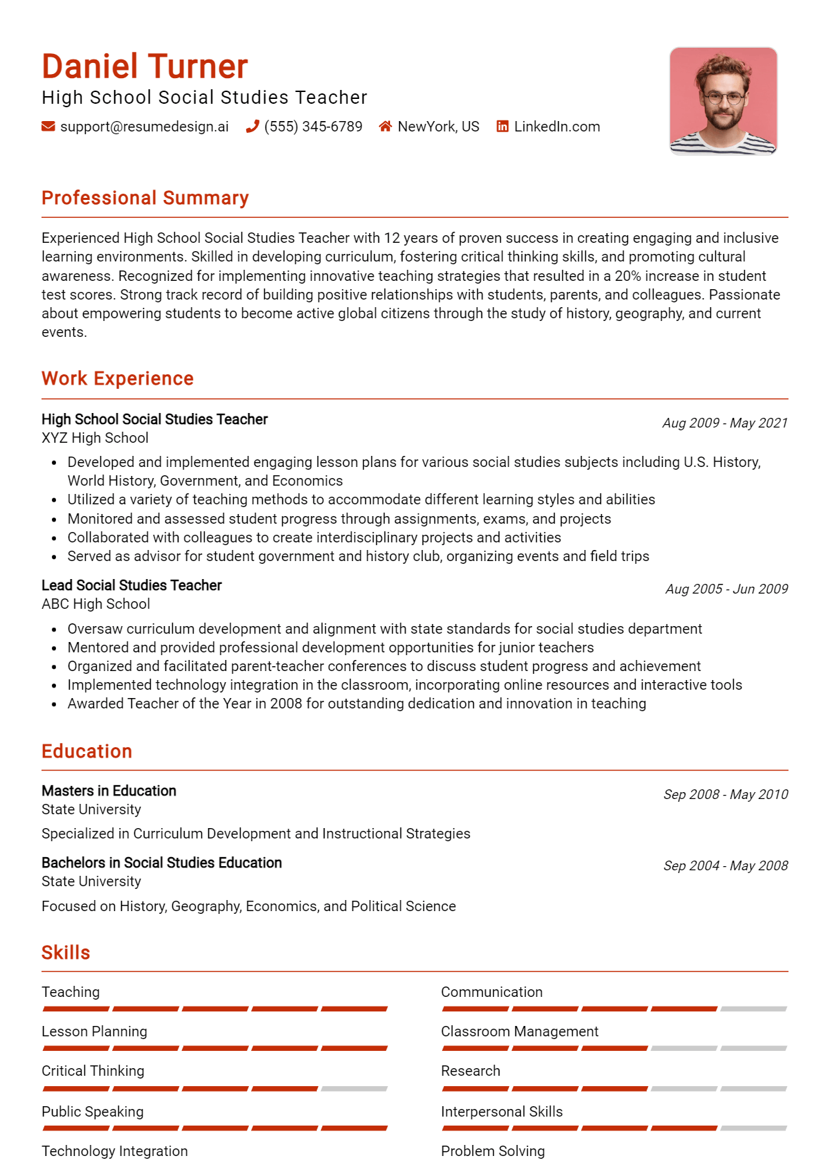 High School Social Studies Teacher Resume Example