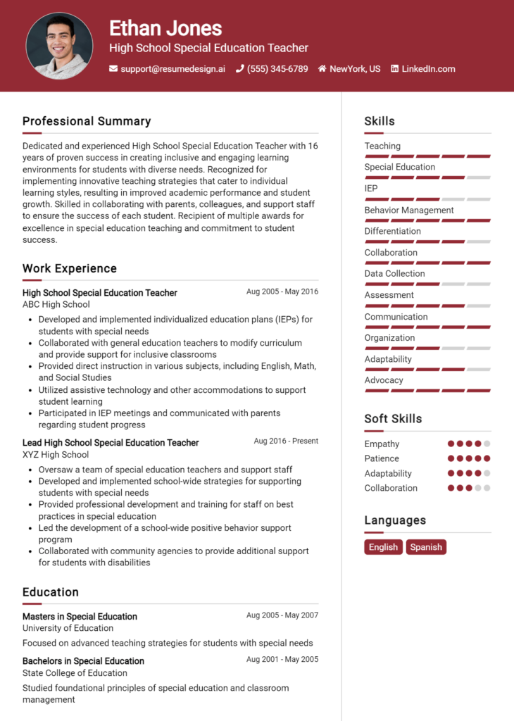 High School Special Education Teacher Resume Example