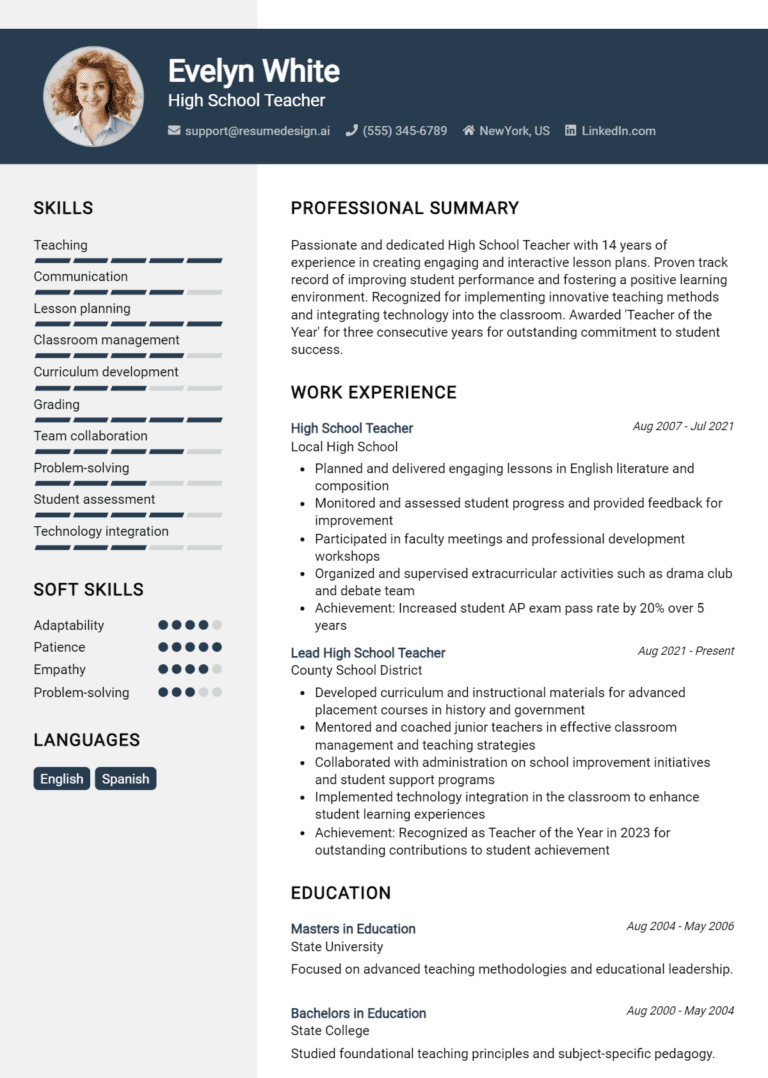 18 High School Teacher Resume Examples And Templates for 2025