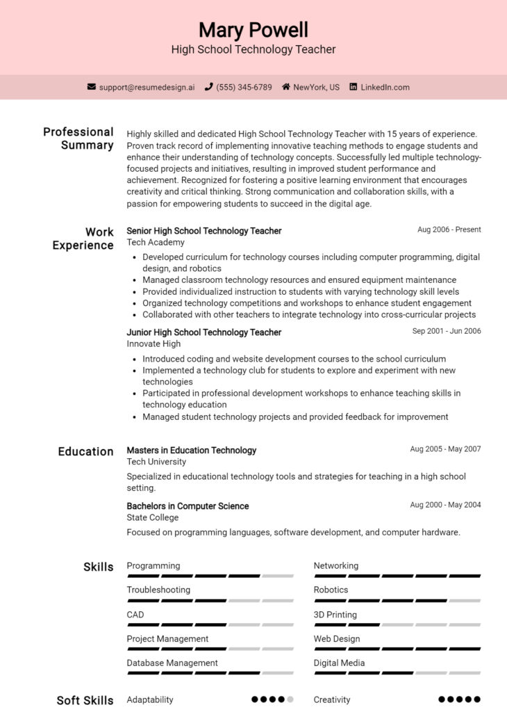 High School Technology Teacher Resume Example