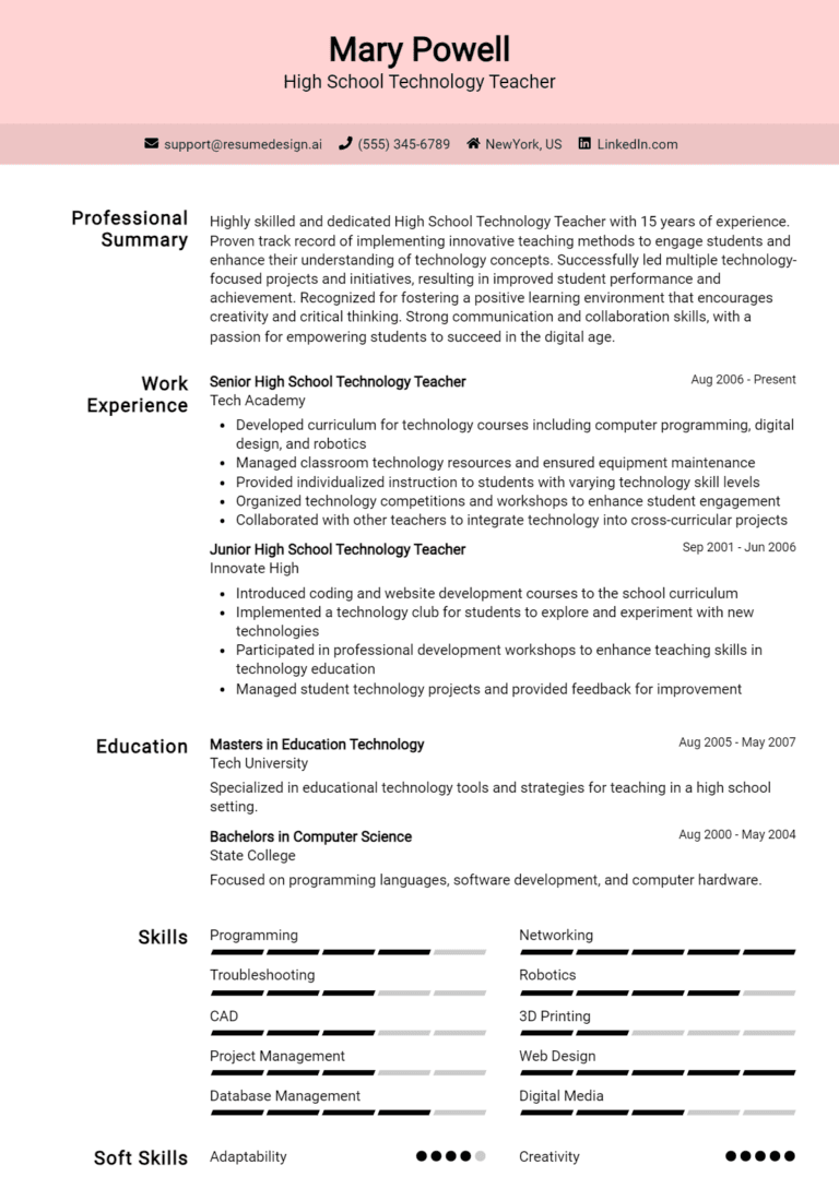 18 High School Technology Teacher Resume Examples And Templates for 2025