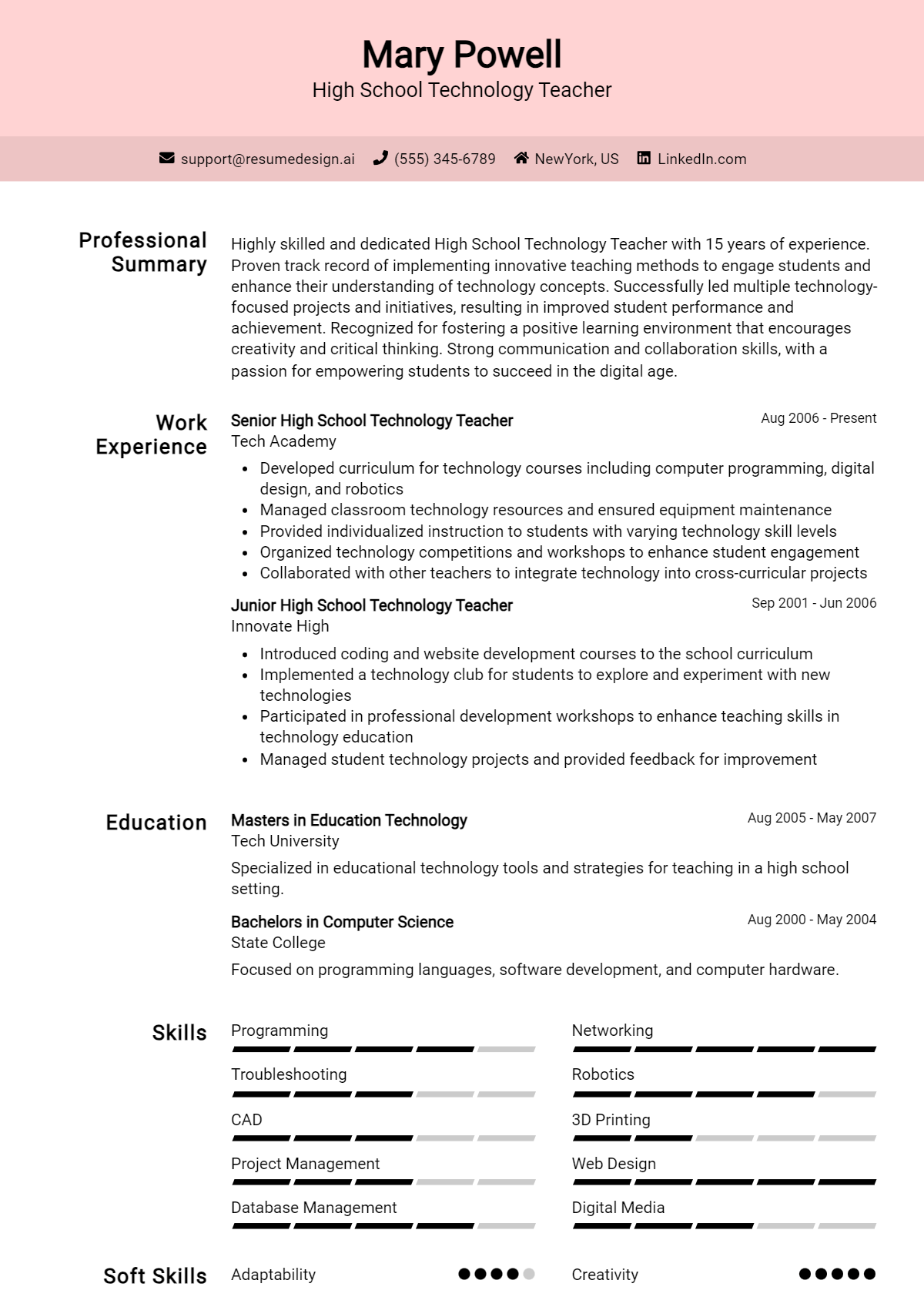 High School Technology Teacher Resume Example