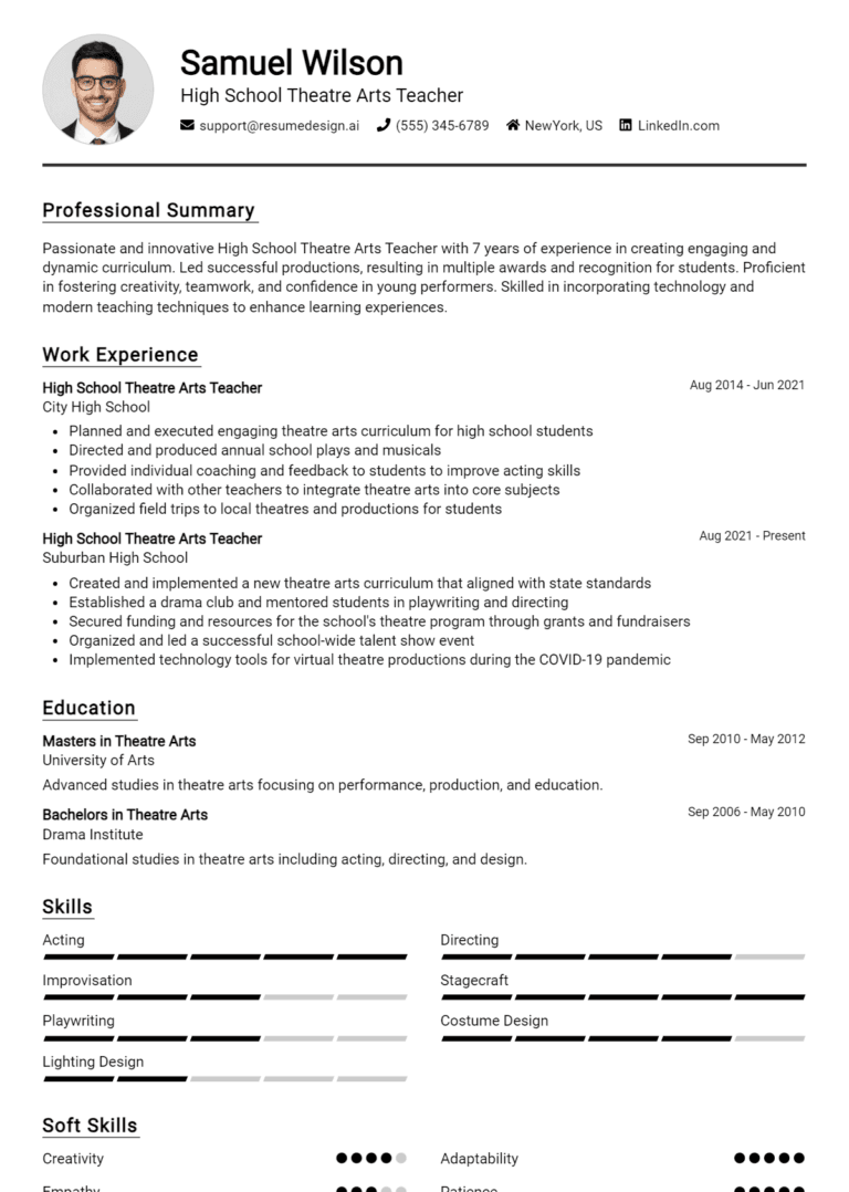 18 High School Theatre Arts Teacher Resume Examples And Templates for 2025