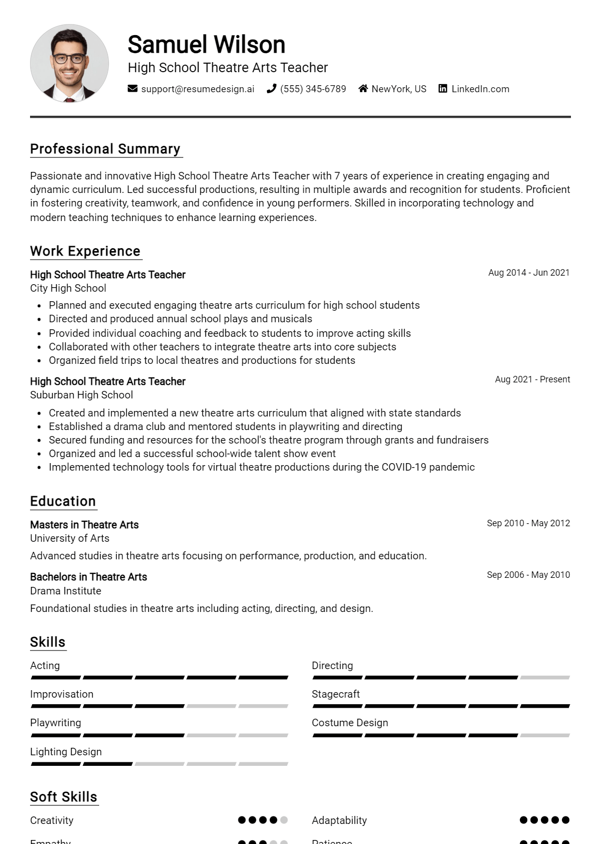 High School Theatre Arts Teacher Resume Example