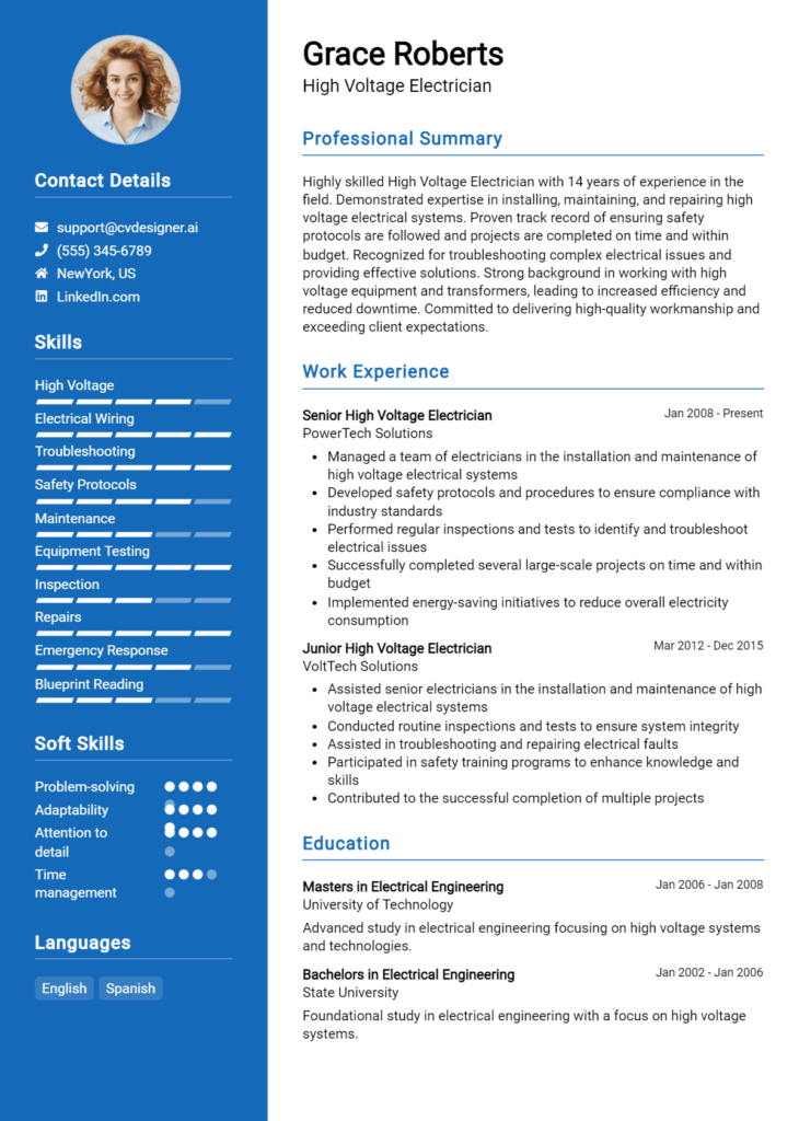 High Voltage Electrician Resume Example