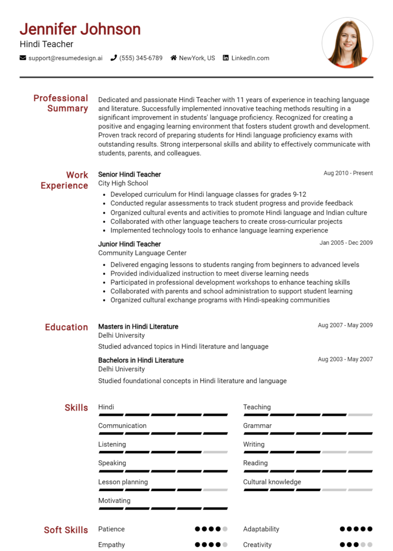 10 Hindi Teacher Resume Examples And Templates for 2024 - ResumeDesign.ai