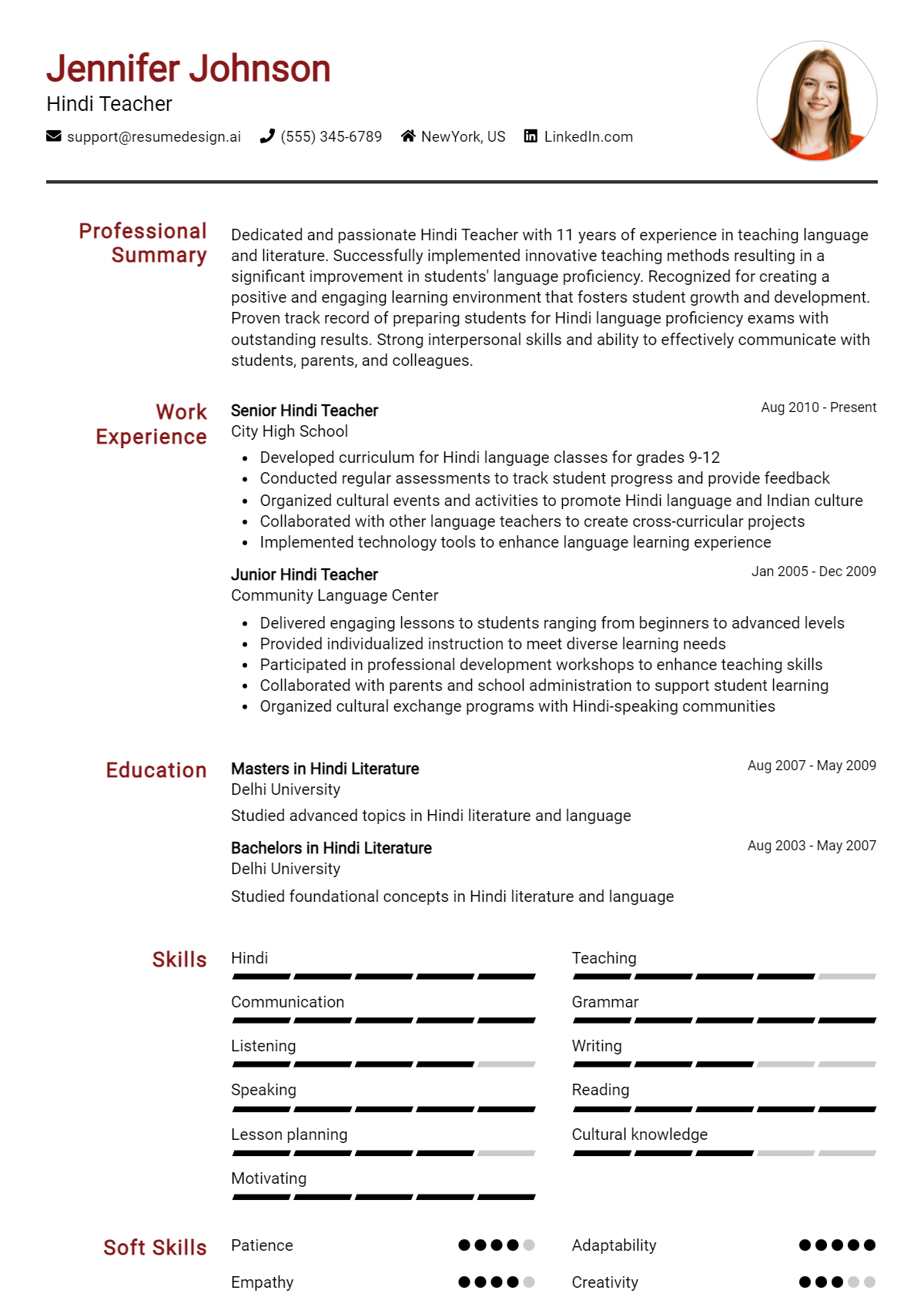 Hindi Teacher Resume Example