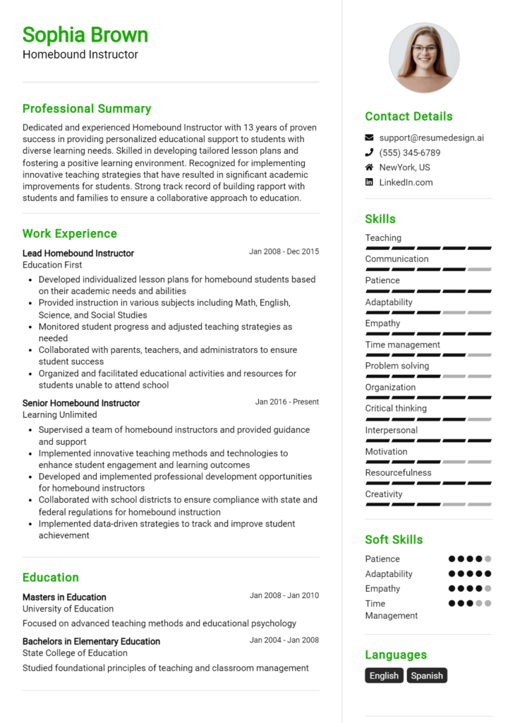 Homebound Instructor Resume Example