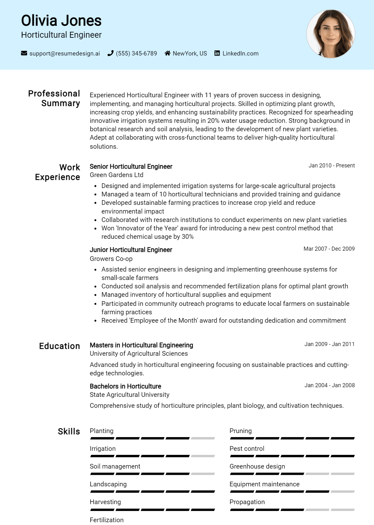 Horticultural Engineer Resume Example