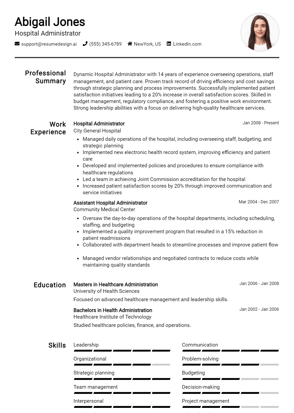 Hospital Administrator Resume Example