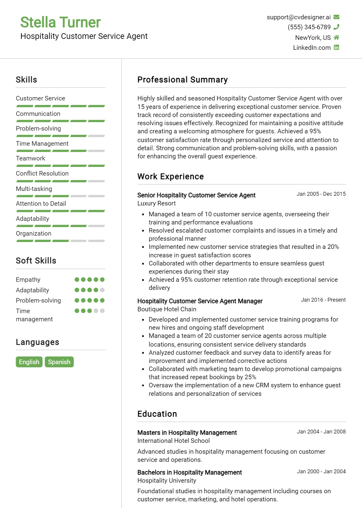 Hospitality Customer Service Agent Resume Example