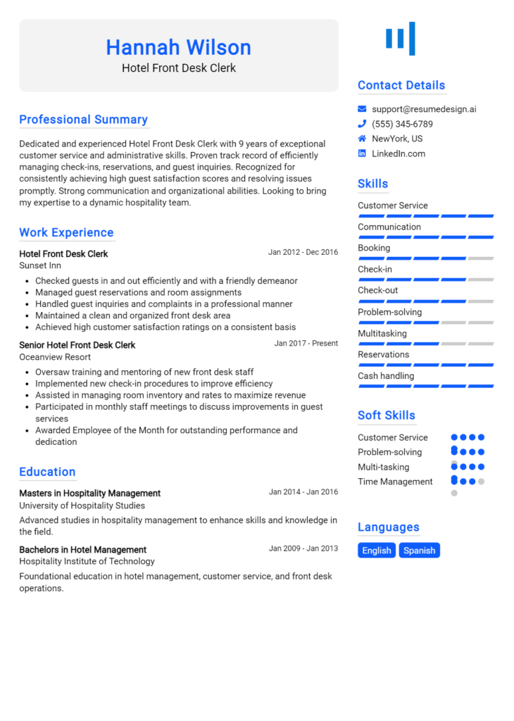 Hotel Front Desk Clerk Resume Example