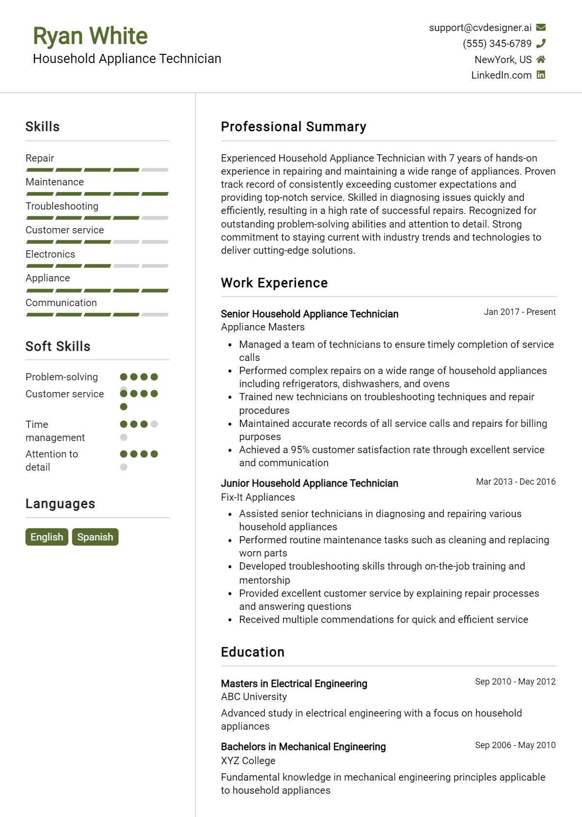 Household Appliance Technician Resume Example