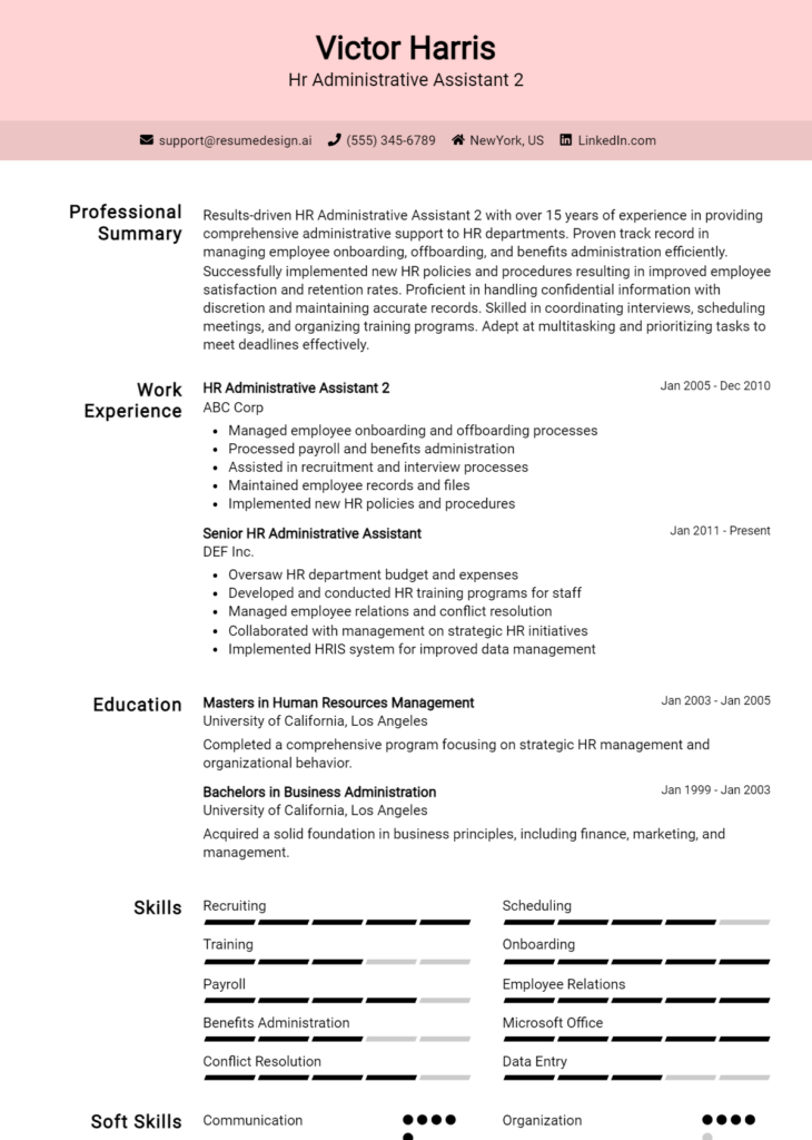 Hr Administrative Assistant 2 Resume Example