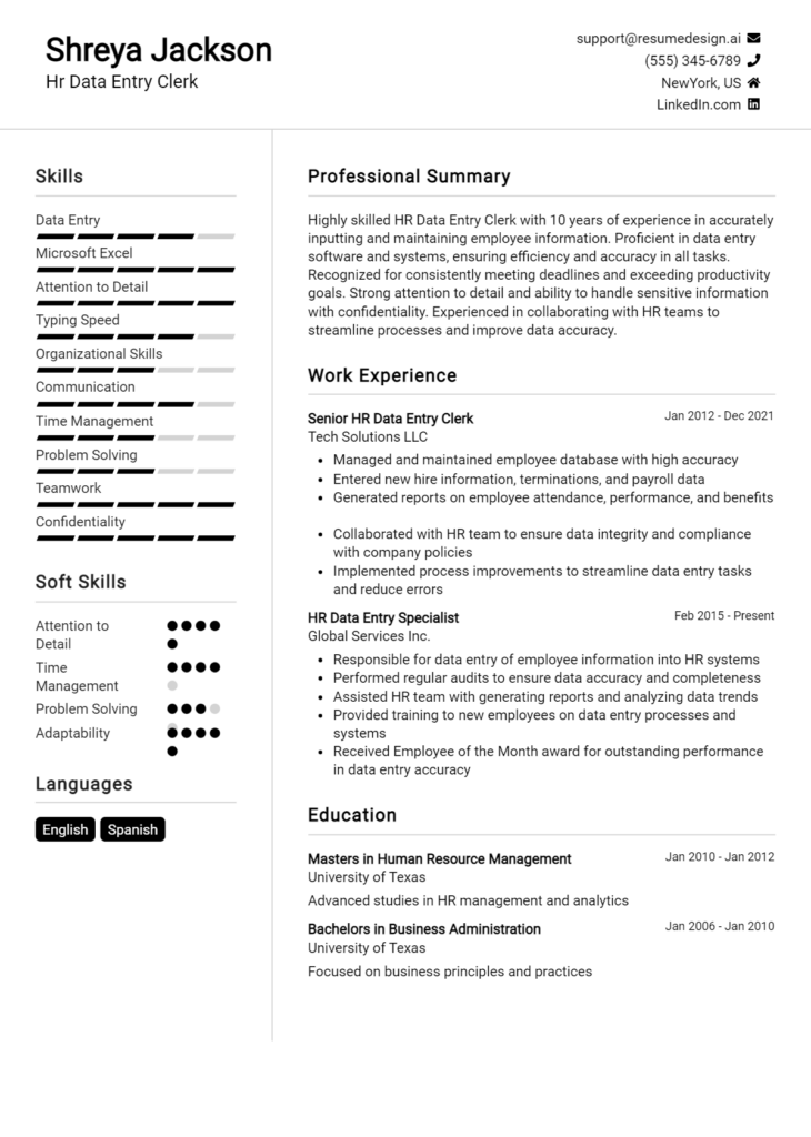 Hr Data Entry Clerk Resume Example