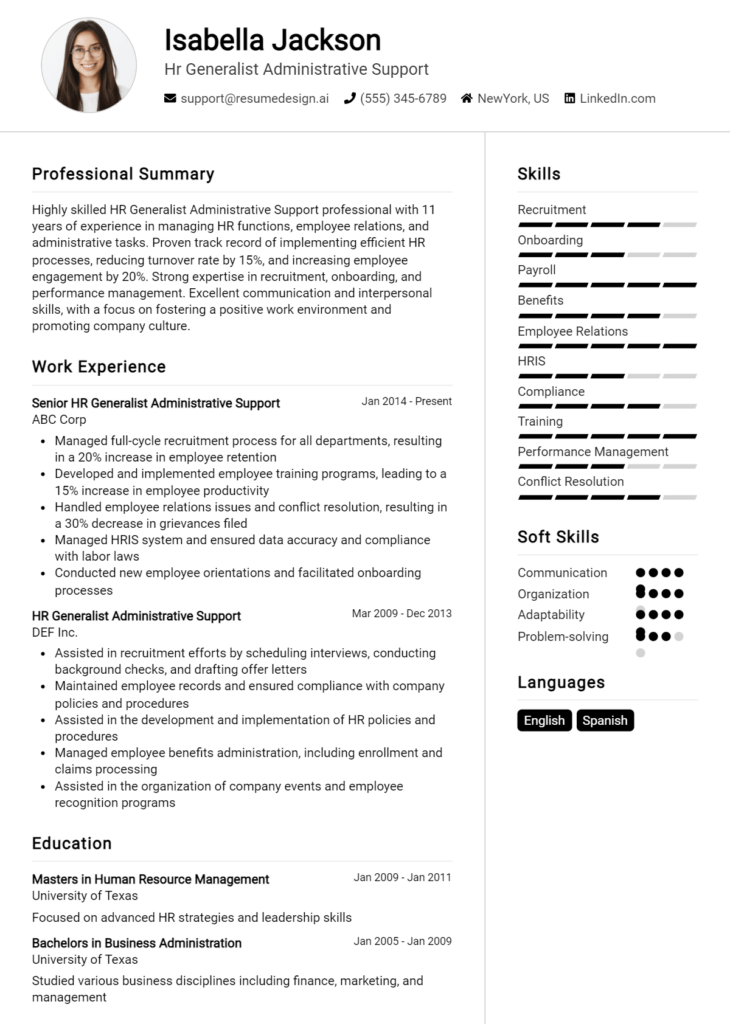 Hr Generalist Administrative Support Resume Example