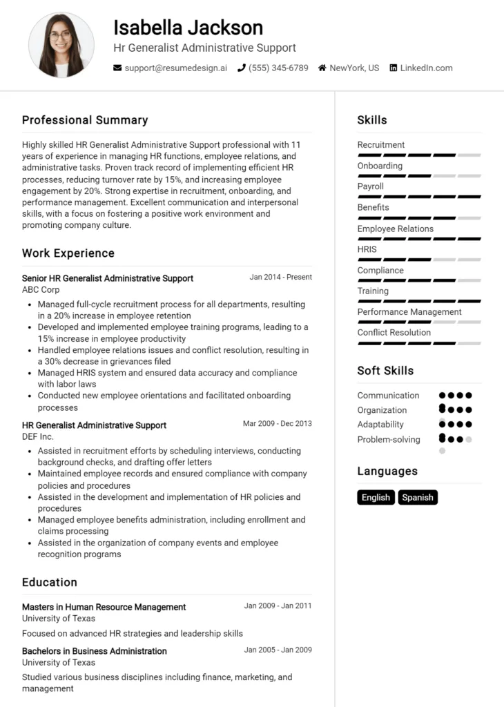 Hr Generalist Administrative Support Resume Example