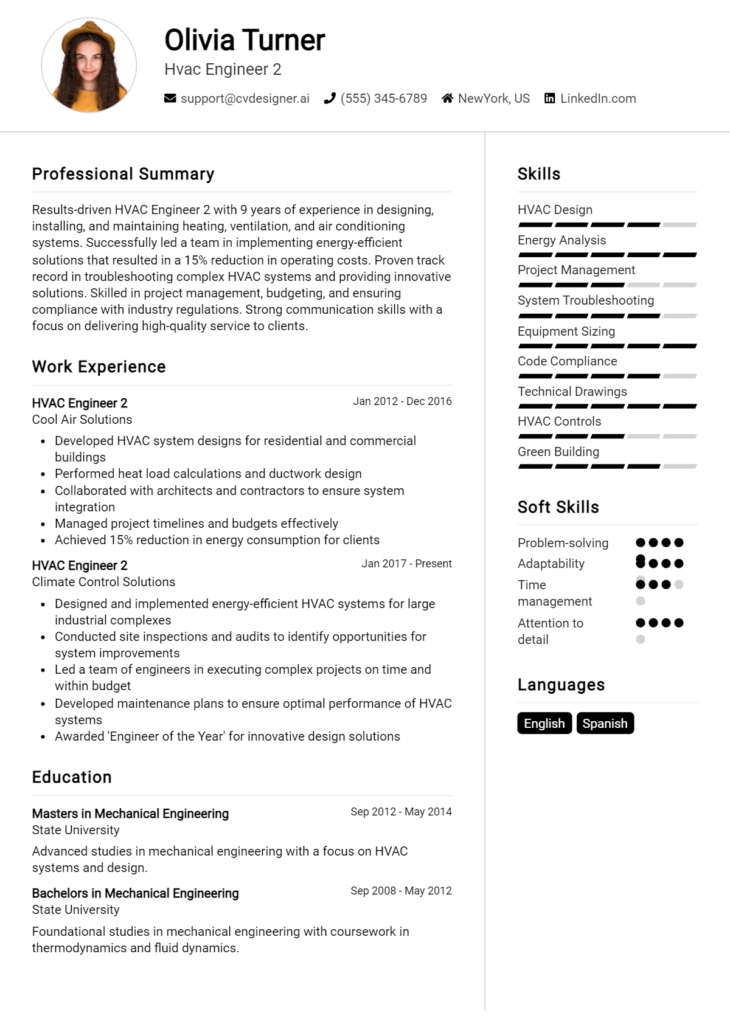 Hvac Engineer 2 Resume Example