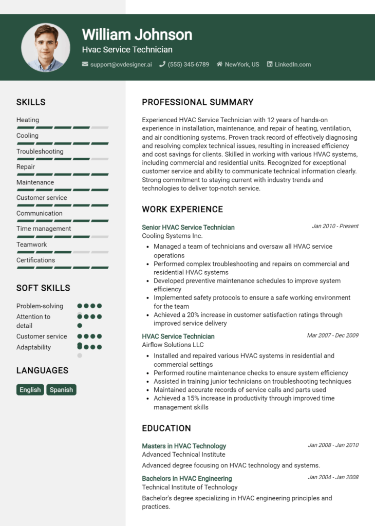 Hvac Service Technician Resume Example