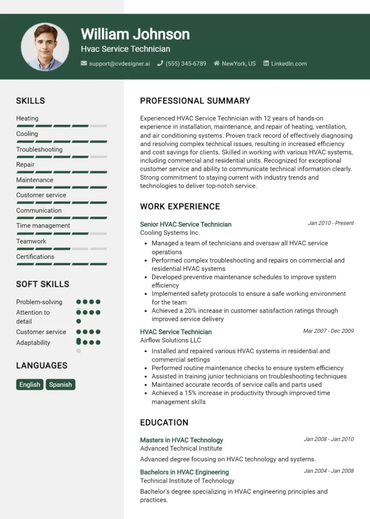 Hvac Service Technician Resume Example