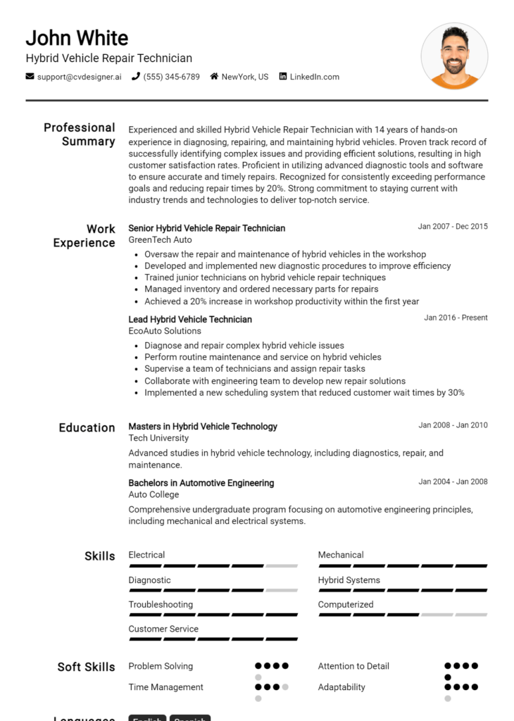 Hybrid Vehicle Repair Technician Resume Example