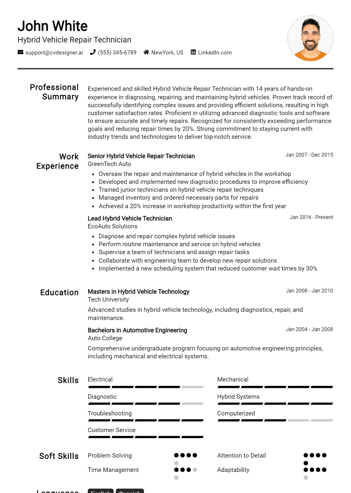 Hybrid Vehicle Repair Technician Resume Example