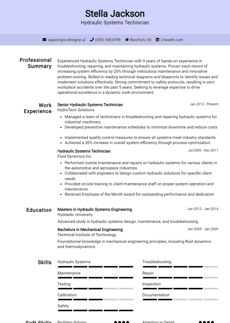 21 Hydraulic Systems Technician Resume Examples And Templates for 2025: Expert Tips