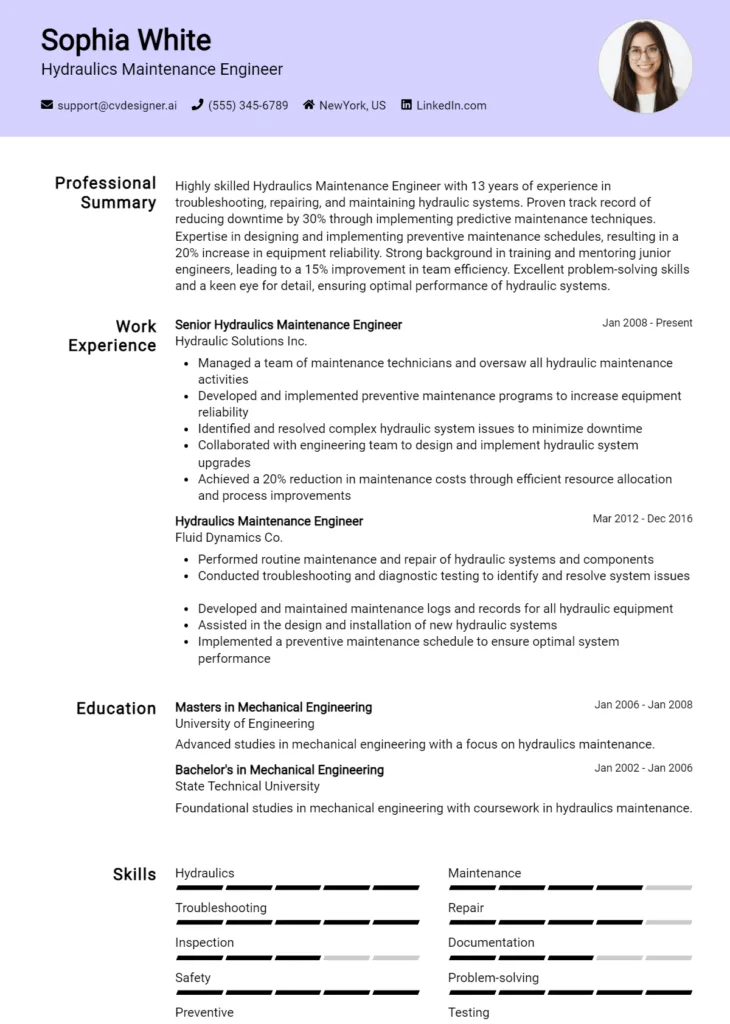 Hydraulics Maintenance Engineer Resume Example
