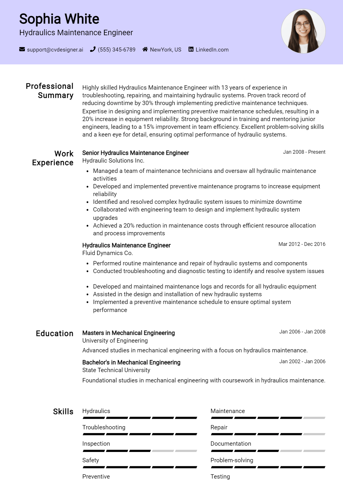 Hydraulics Maintenance Engineer Resume Example