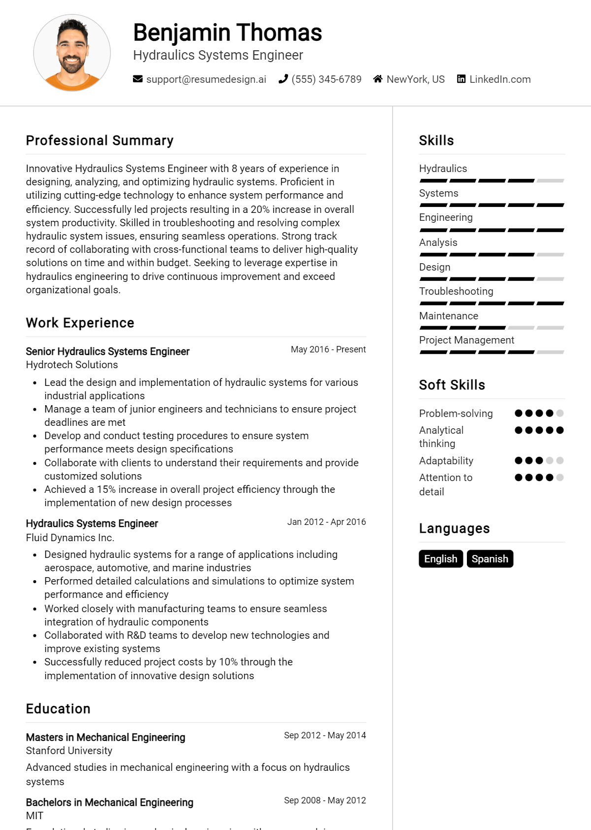 Hydraulics Systems Engineer Resume Example