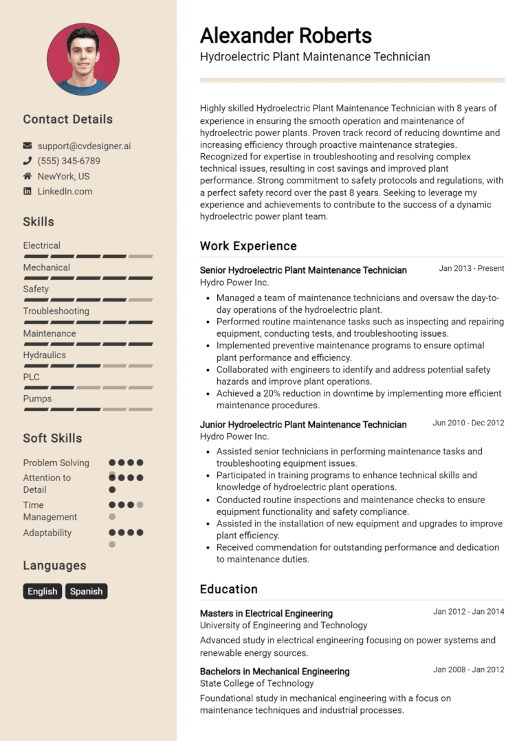9 Hydroelectric Plant Maintenance Technician Resume Examples And Templates for 2025