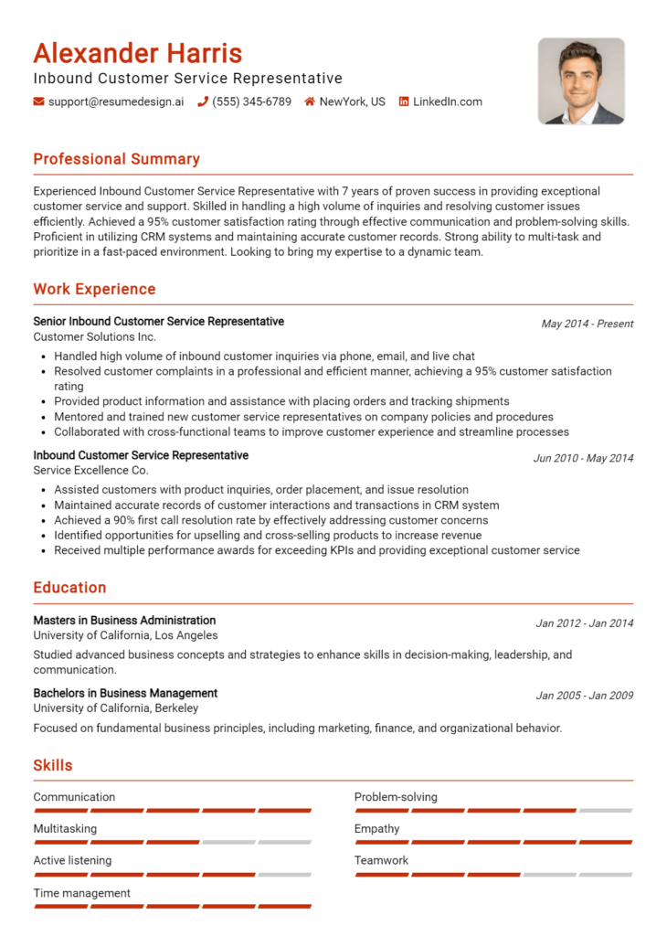 Inbound Customer Service Representative Resume Example