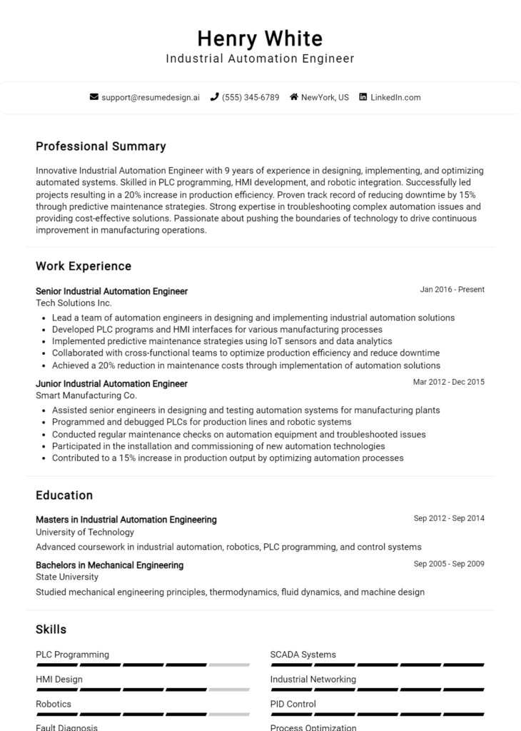 Industrial Automation Engineer Resume Example