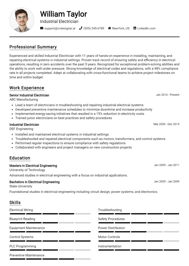 Industrial Electrician Resume Example