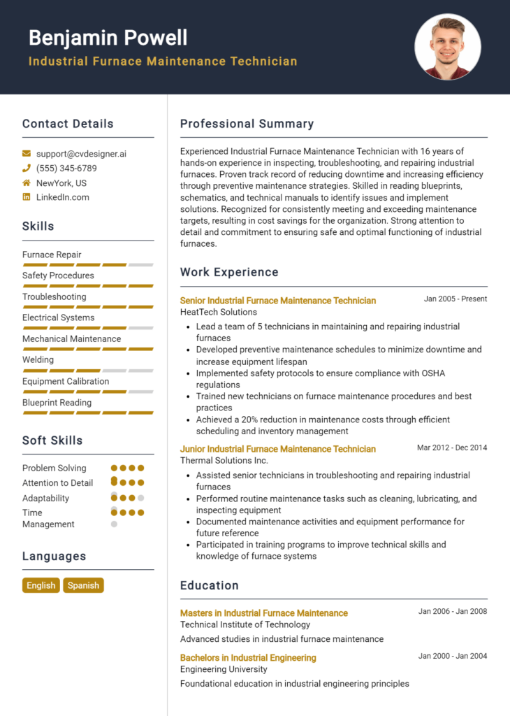 Industrial Furnace Maintenance Technician Resume Example