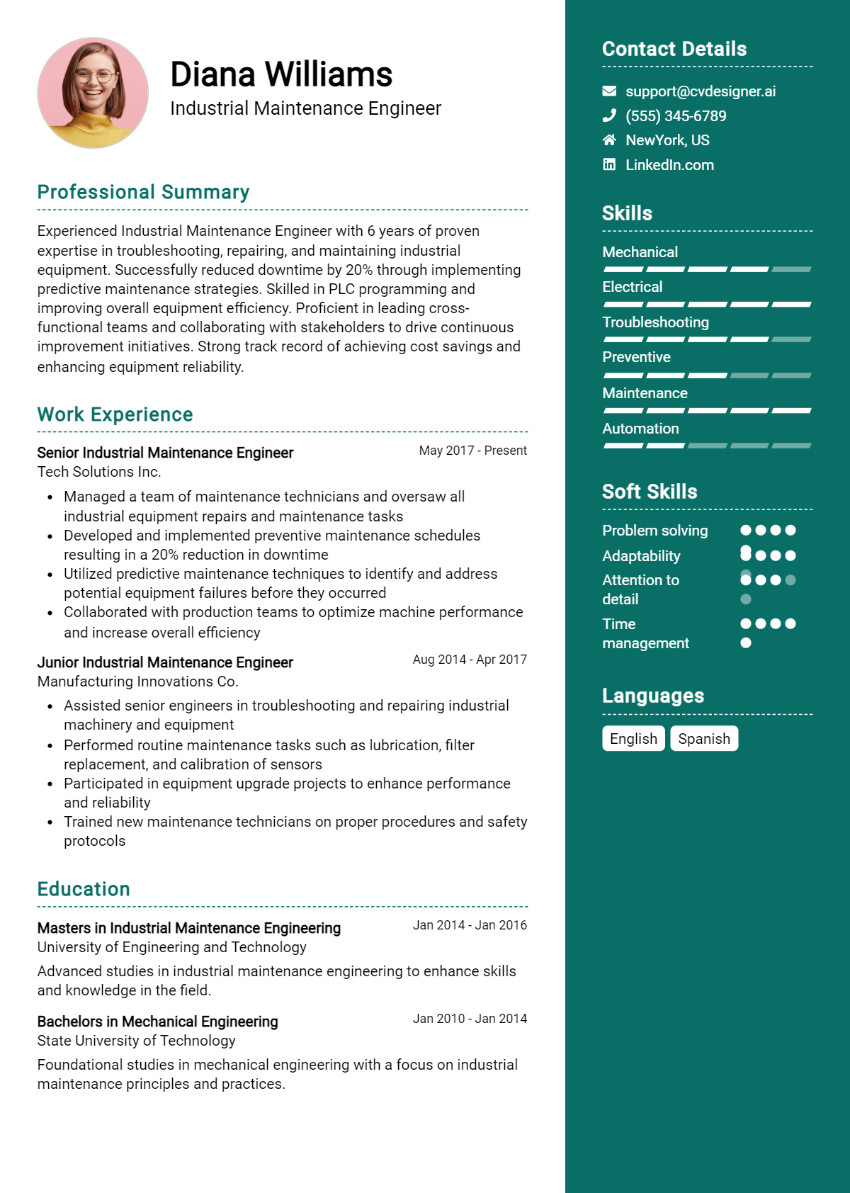 Industrial Maintenance Engineer Resume Example