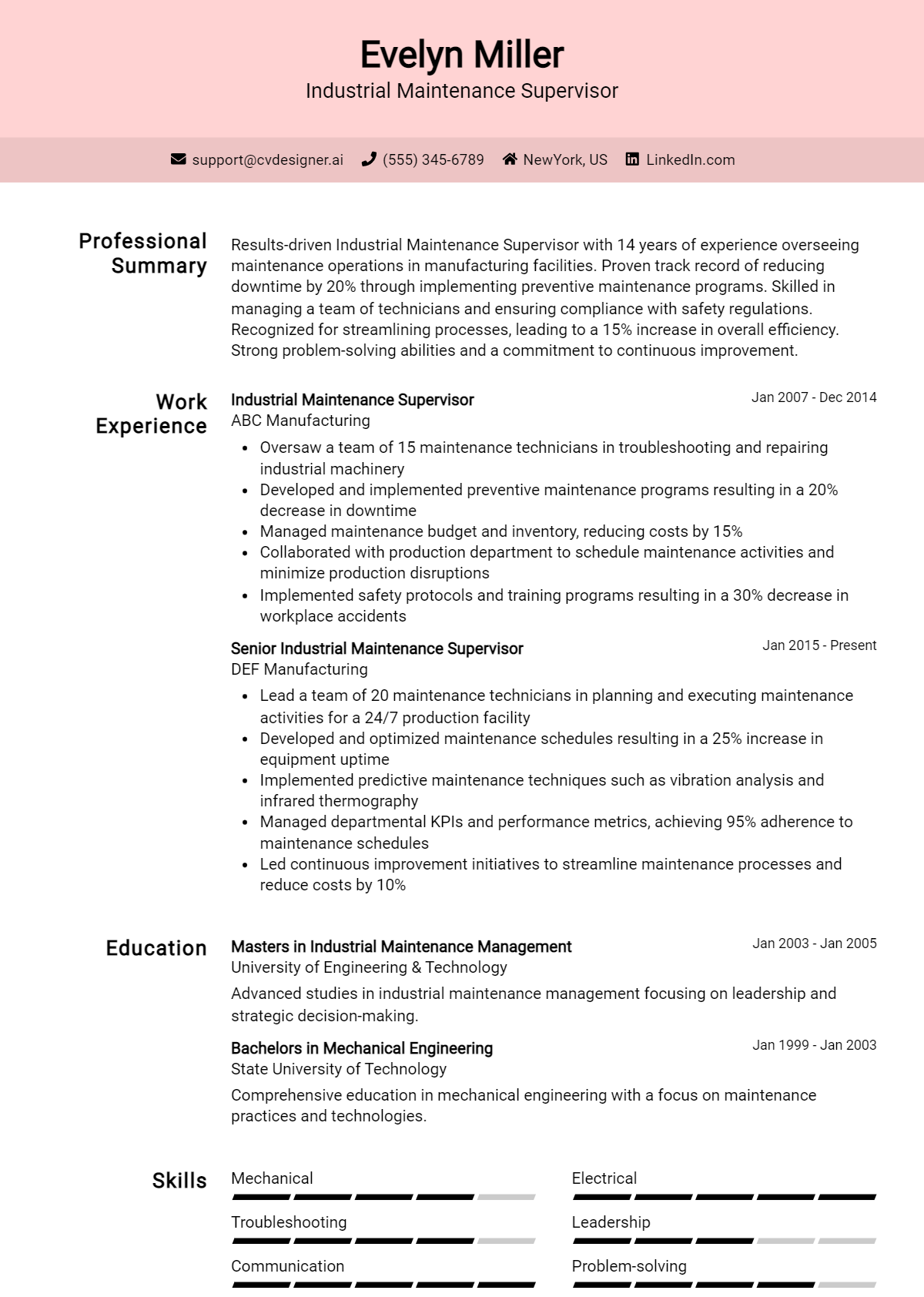 Industrial Maintenance Supervisor Resume Example